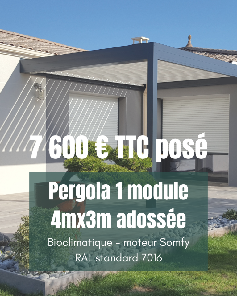 Pergola DIJON Maison Spann Pergola adossée 4x3m, 7 600 € TTC, avec moteur Somfy, finition RAL 7016.