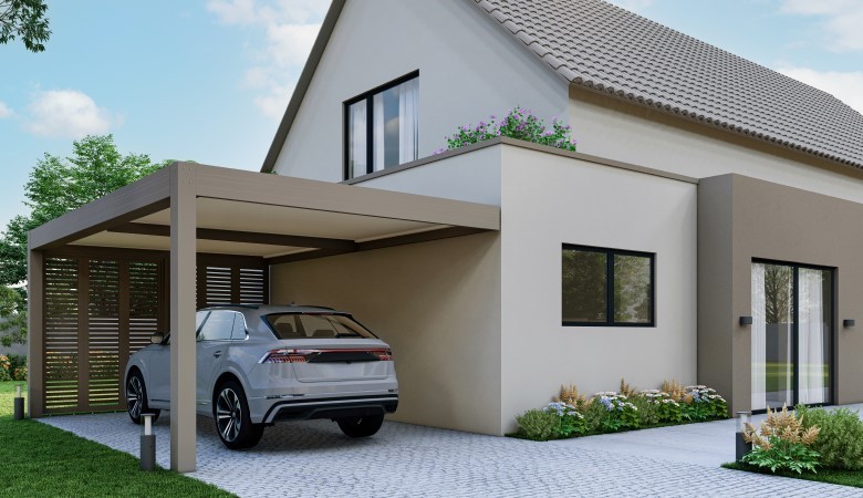 Abri voiture moderne Maison Spann Maison moderne avec carport et voiture, entourée de verdure.