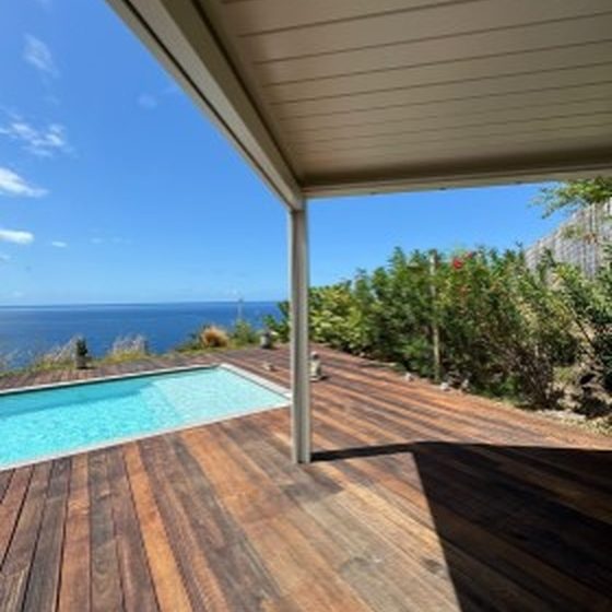 Travaux et aménagement à Dijon Vue sur la mer avec une piscine et une terrasse en bois, une pergola bioclimatique, entourée de végétation.