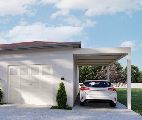 Carport dijon Maison moderne avec carport et voiture stationnée, ciel dégagé.