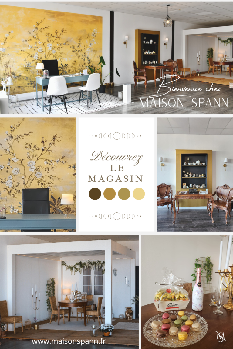 Le showroom Maison Spann à Dijon Intérieur d'un magasin avec des meubles élégants et un mur décoré de fleurs.