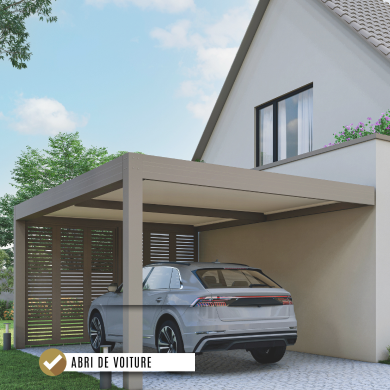 Abri de voiture à Dijon, fourniture et pose Abri de voiture moderne attenant à une maison avec une voiture grise garée.