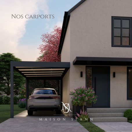 Abri voiture moderne Maison Spann Carport moderne attenant à une maison, avec une voiture garée dessous. Cuves florales en arrière-plan.